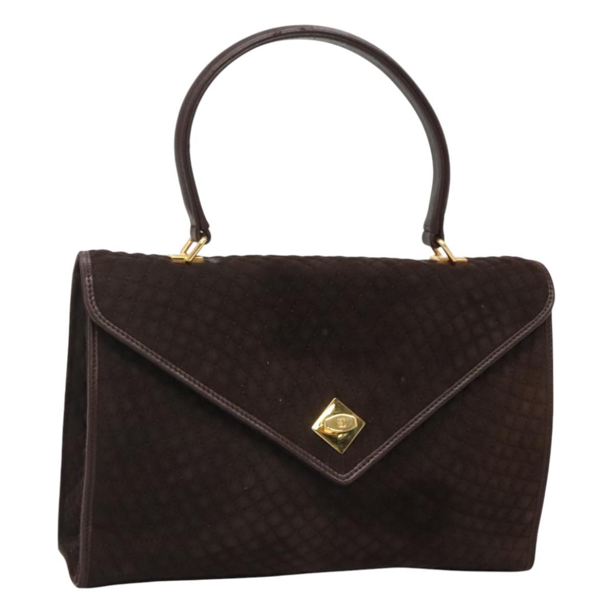 Bally Quilted Hand Bag Suede Dark Brown Gold Auth Ba1446